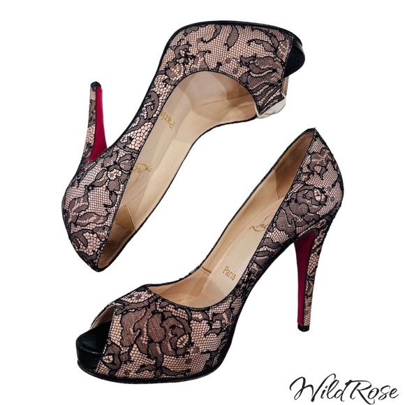 CHRISTIAN LOUBOUTIN Very Prive Nude Satin & Floral Lace Peep Toe Heels SZ 38 - Picture 6 of 17